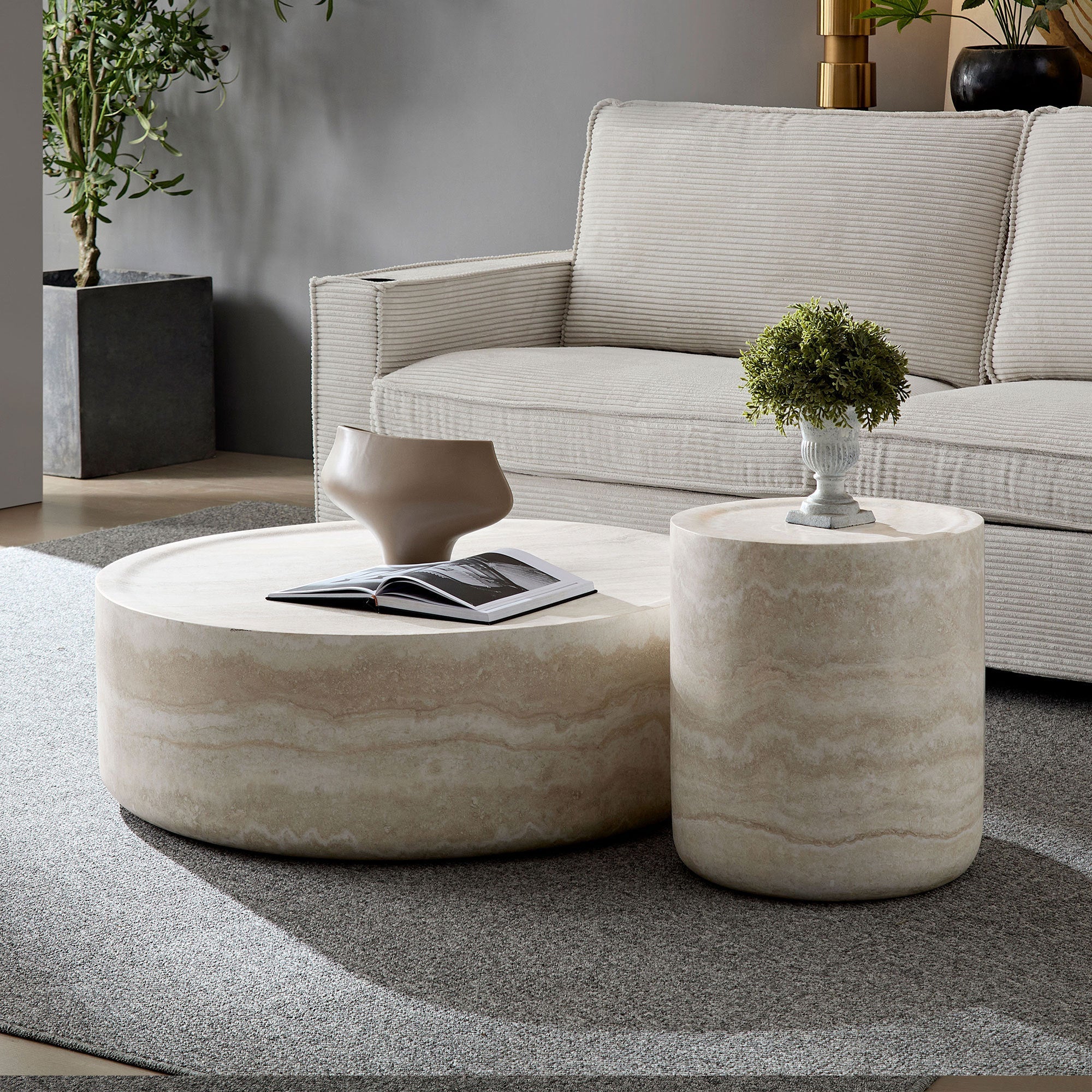 Round Faux Travertine Coffee Table and Side Table Set of 2