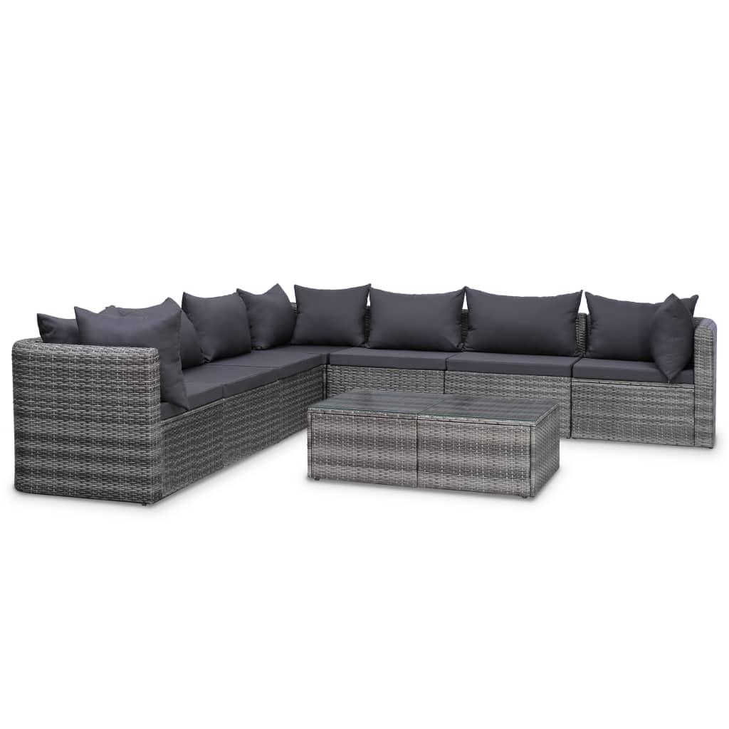 8 Piece Poly Rattan Patio Lounge Set with Gray Cushions