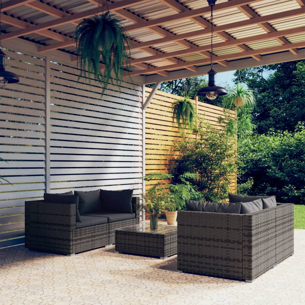 5 Piece Poly Rattan Patio Lounge Set with Gray Cushions