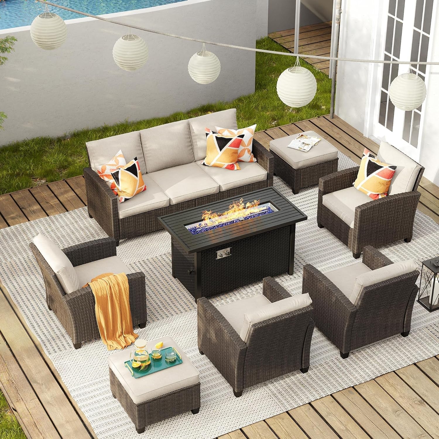 8 Piece Patio Furniture Set with Firepit and Cushions