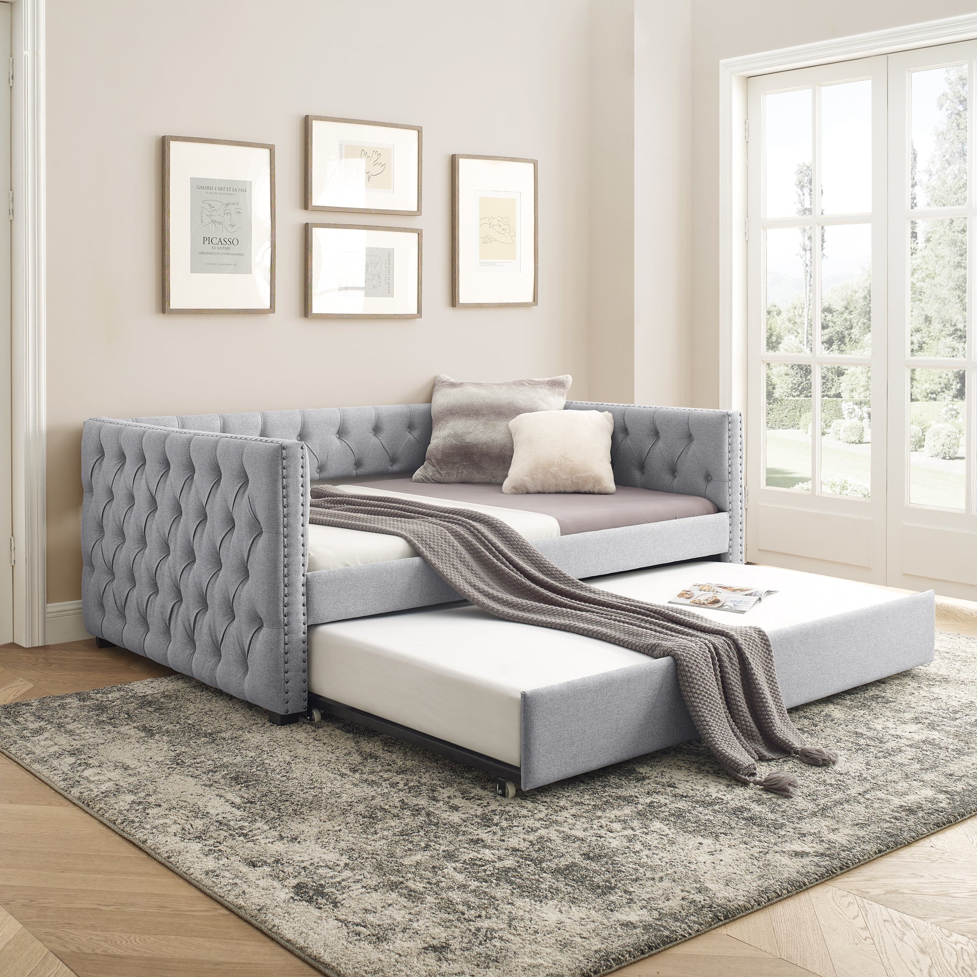 Daybed with Trundle Upholstered Tufted Sofa Bed Gray